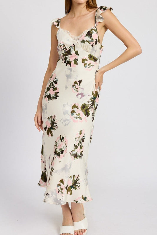 Floral Lace Trim Midi Dress