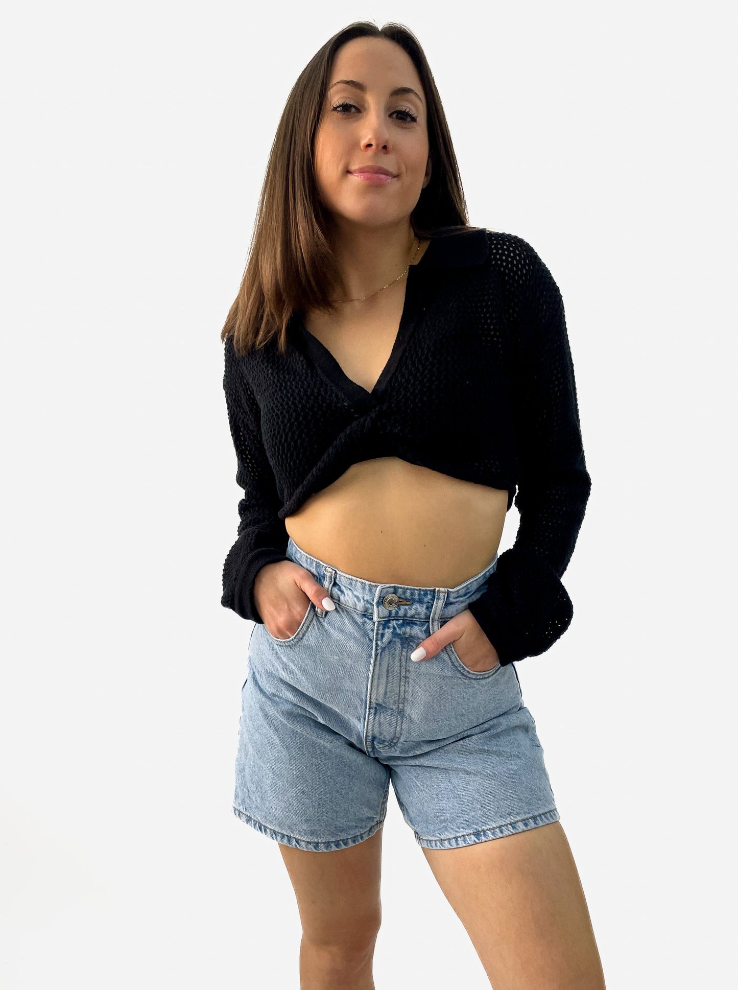 Long Sleeve Crop Crochet Twist Top