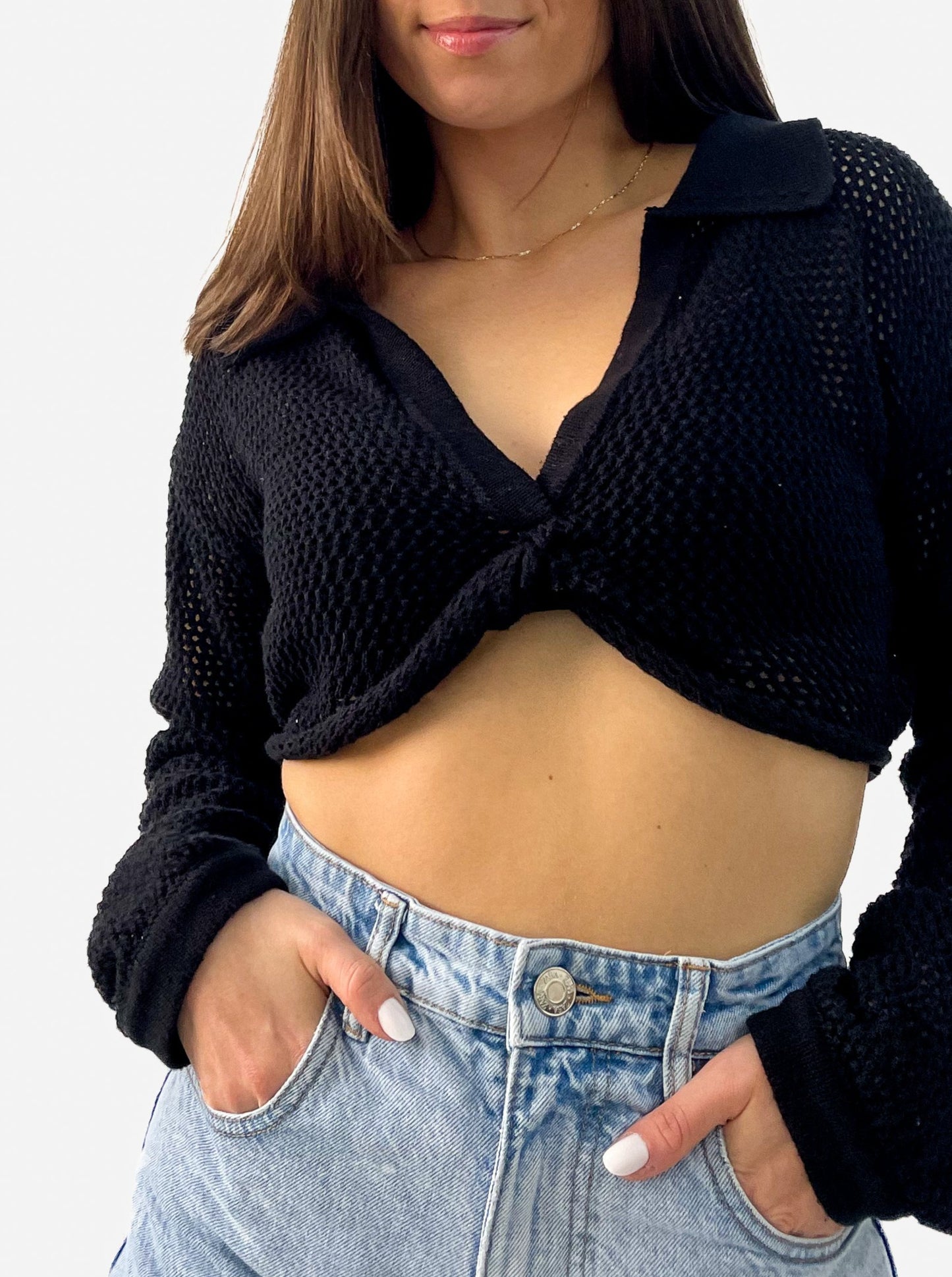 Long Sleeve Crop Crochet Twist Top